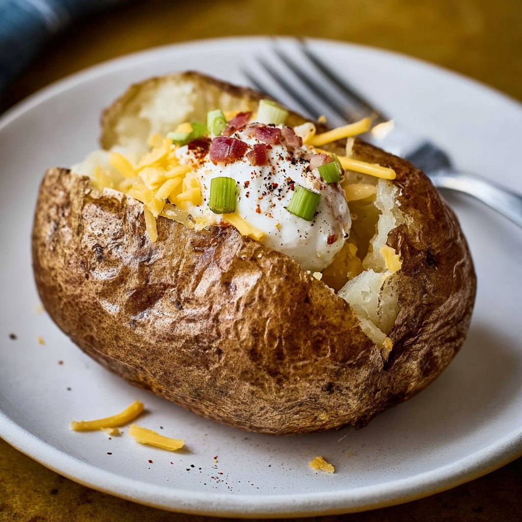 Perfect microwave baked potato fluffy inside with butter and chives