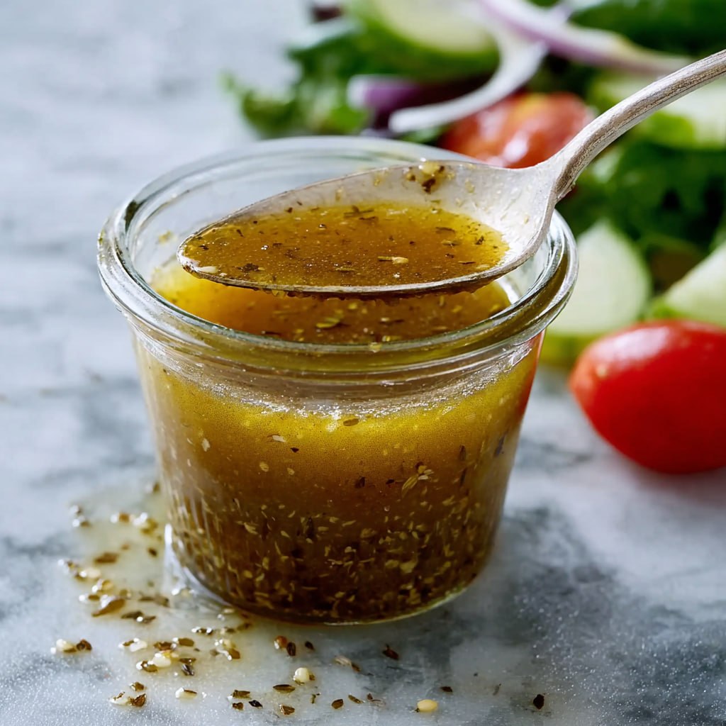 Homemade Greek dressing with olive oil and herbs poured over a fresh salad