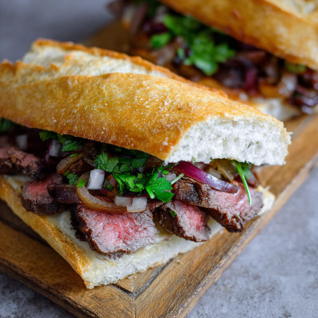 Homemade steak sandwich with melted provolone and sautéed vegetables on a hoagie roll