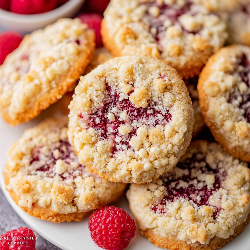 Finished raspberry crumble cookies dusted with powdered sugar on a wire rack