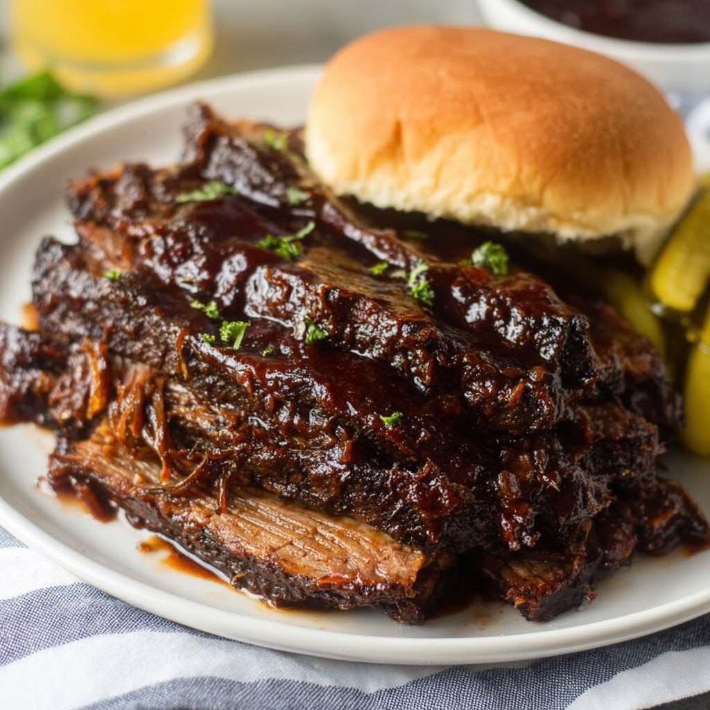 Sliced slow cooker brisket on a wooden cutting board surrounded by au jus braising liquid