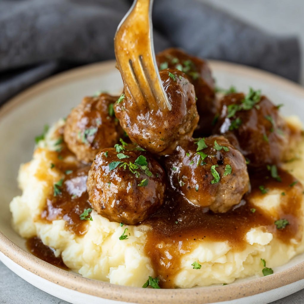 Salisbury steak meatballs smothered in mushroom gravy close-up served over creamy mashed potatoes