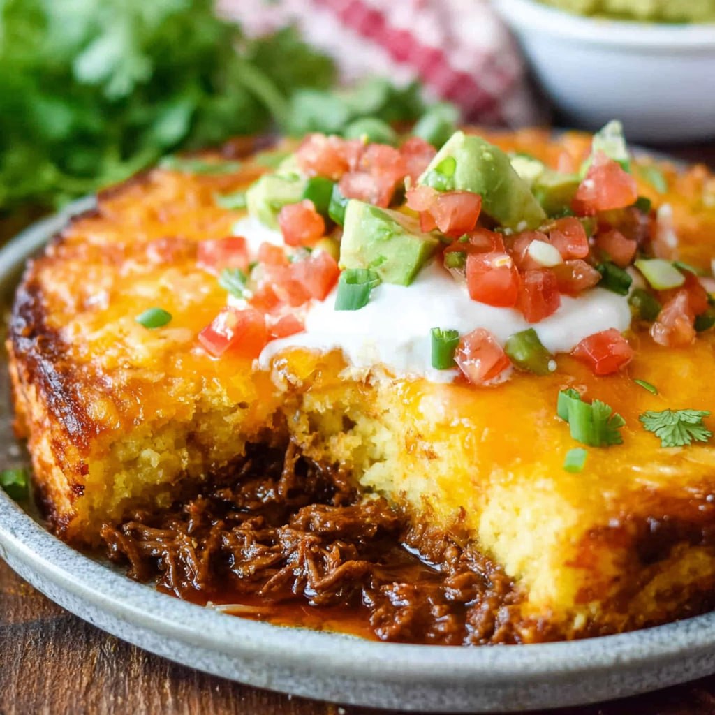 Tamale casserole slice on a plate showing layers of beef black beans and golden cornbread topping