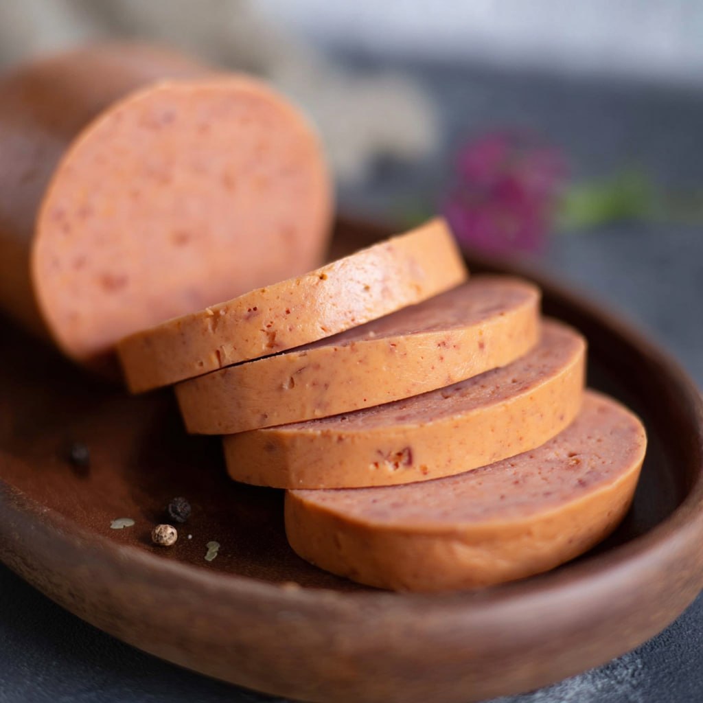 Step by step homemade vegan bologna sliced and ready to serve