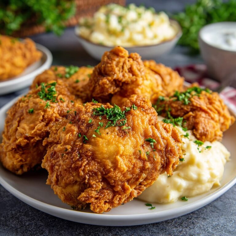 Chicken fried chicken with crispy golden double-battered breast, creamy white gravy poured over, mashed potatoes, and parsley garnish