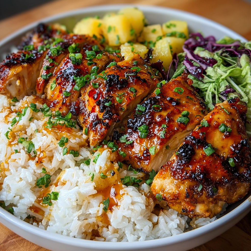 Close-up of caramelized maple-chili chicken on coconut rice with green onions and sesame seeds