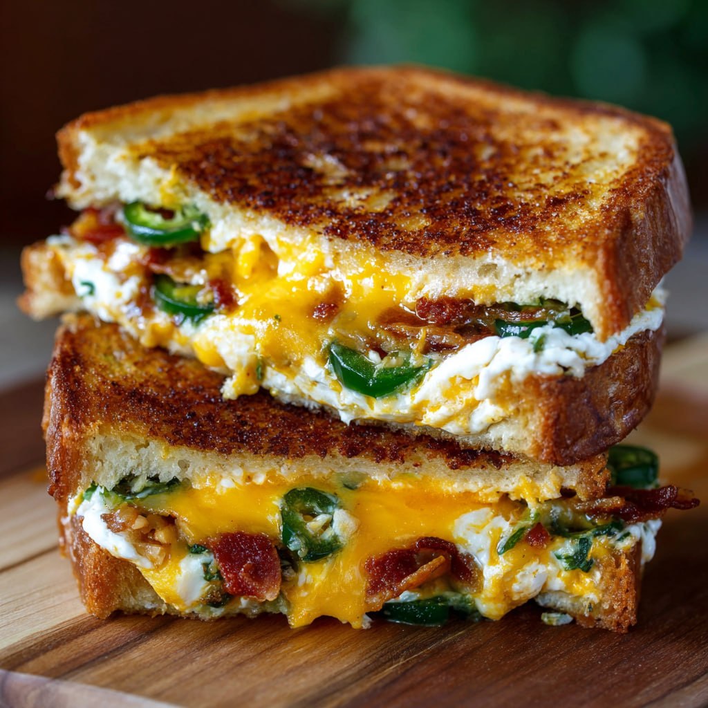 Close-up of golden buttery jalapeno popper grilled cheese with cheese pull and bacon visible inside
