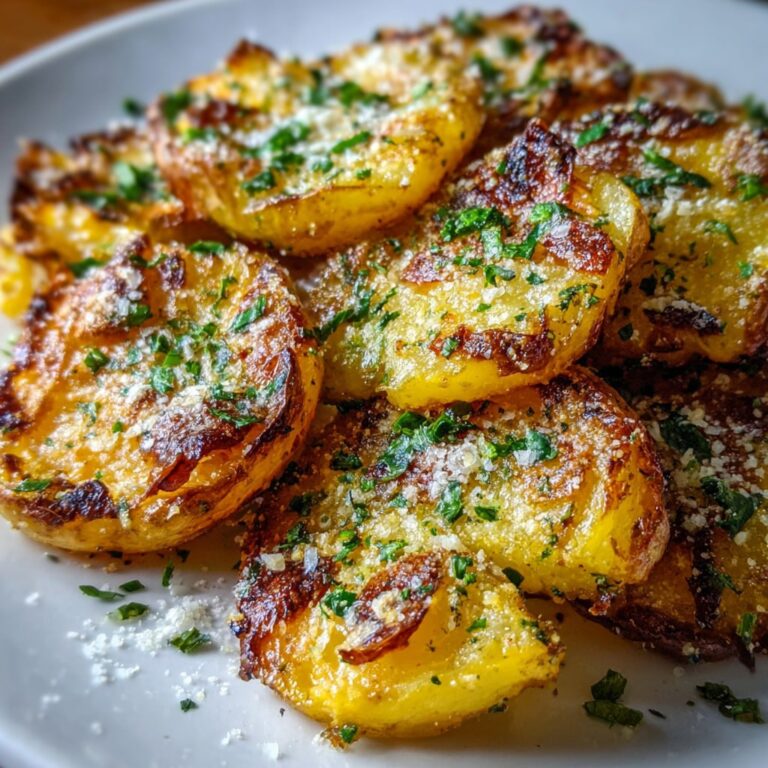Crispy garlic parmesan smashed potatoes on a sheet pan with golden crust, melted parmesan, and fresh parsley