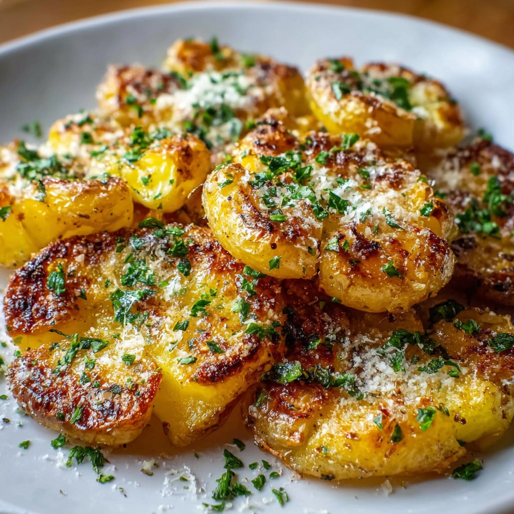 Close-up of smashed baby potato with crispy ruffled edges, garlic butter glaze, and parmesan crust