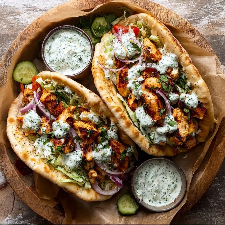 Sheet pan chicken pitas with golden roasted chicken, charred peppers, red onions, fresh herbs, and herby ranch drizzle