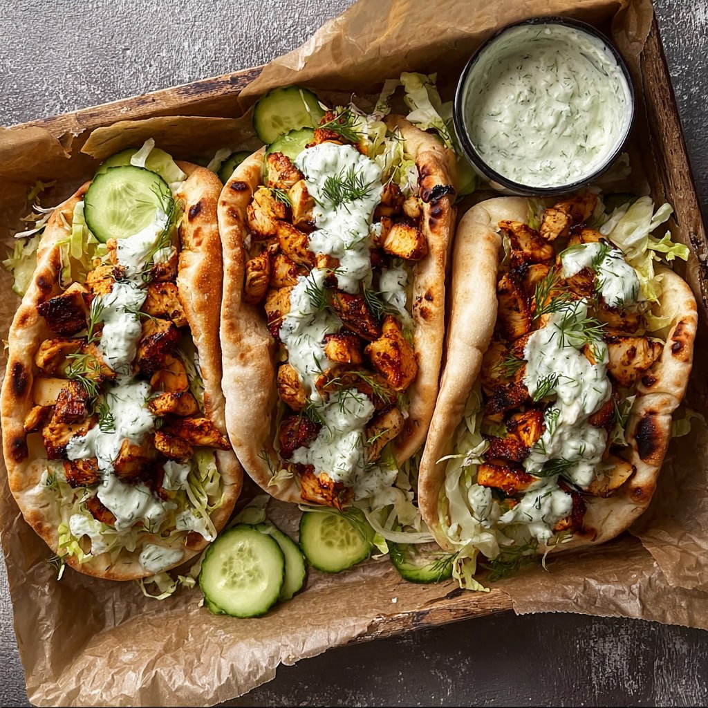 Close-up of stuffed chicken pita with juicy seasoned chicken, peppers, and creamy ranch sauce