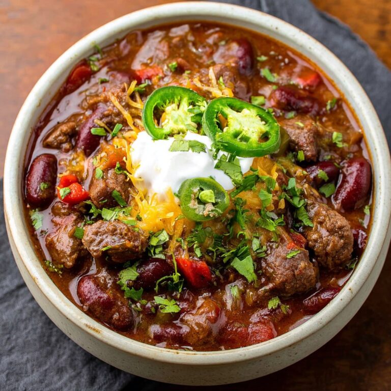 Bowl of spicy steak chili with chunks of seared beef, beans, peppers, melted cheese, sour cream, and cilantro