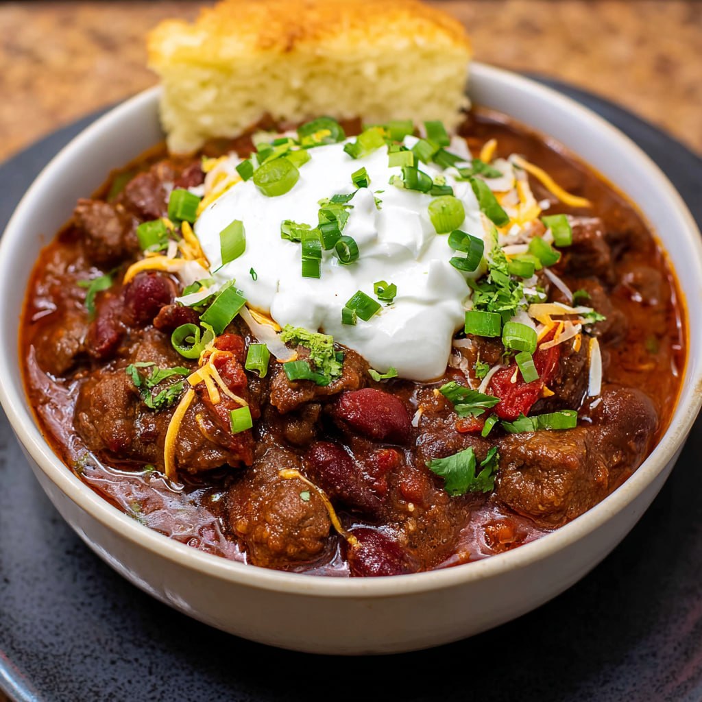 Close-up of spicy steak chili showing tender beef chunks in a deep red broth with kidney beans and jalapeños