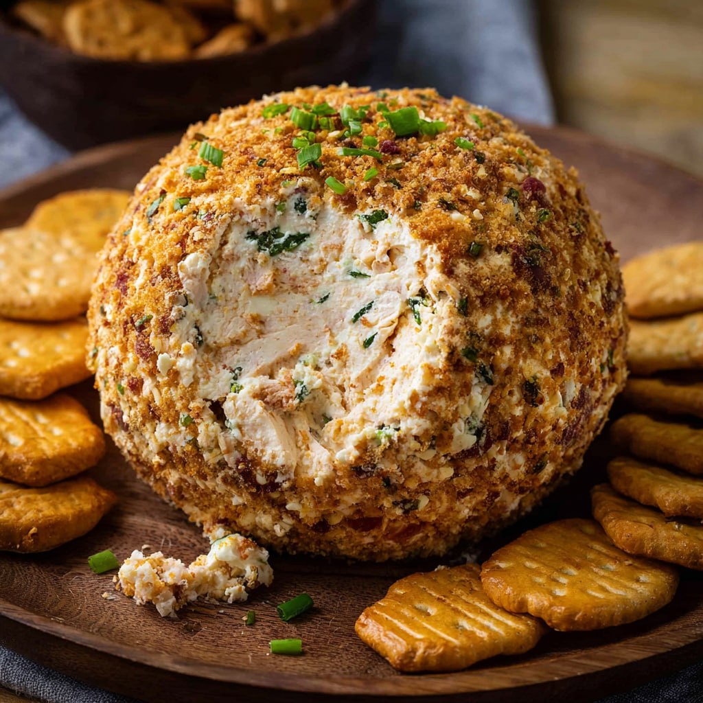 Close-up of cowboy cheese ball showing creamy interior with bacon, ranch, and corn flecks