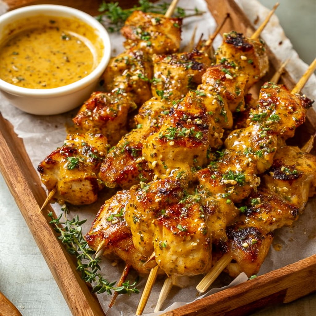 Close-up of grilled chicken skewer with cowboy butter glaze showing smoky char and herb flecks