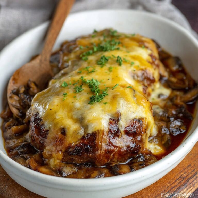 Texas Roadhouse Roadkill smothered hamburger steak with caramelized onions, sautéed mushrooms, and melted jack cheese on a plate