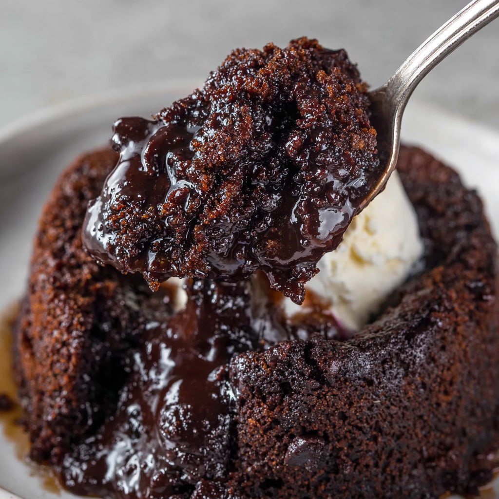 Close-up of crockpot chocolate lava cake showing gooey fudge center pouring out from a tender chocolate cake