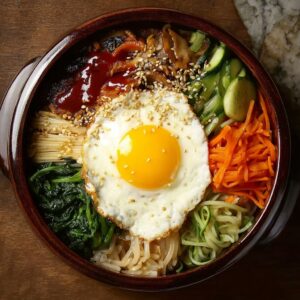 Bibimbap (Korean Mixed Rice Bowl with Crispy Bottom & Gochujang Sauce)