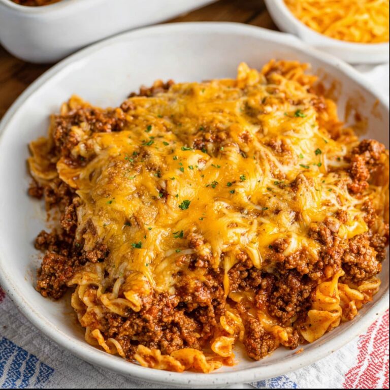 Sloppy joe casserole in a baking dish with golden cheddar topping, biscuit crust, and seasoned ground beef filling