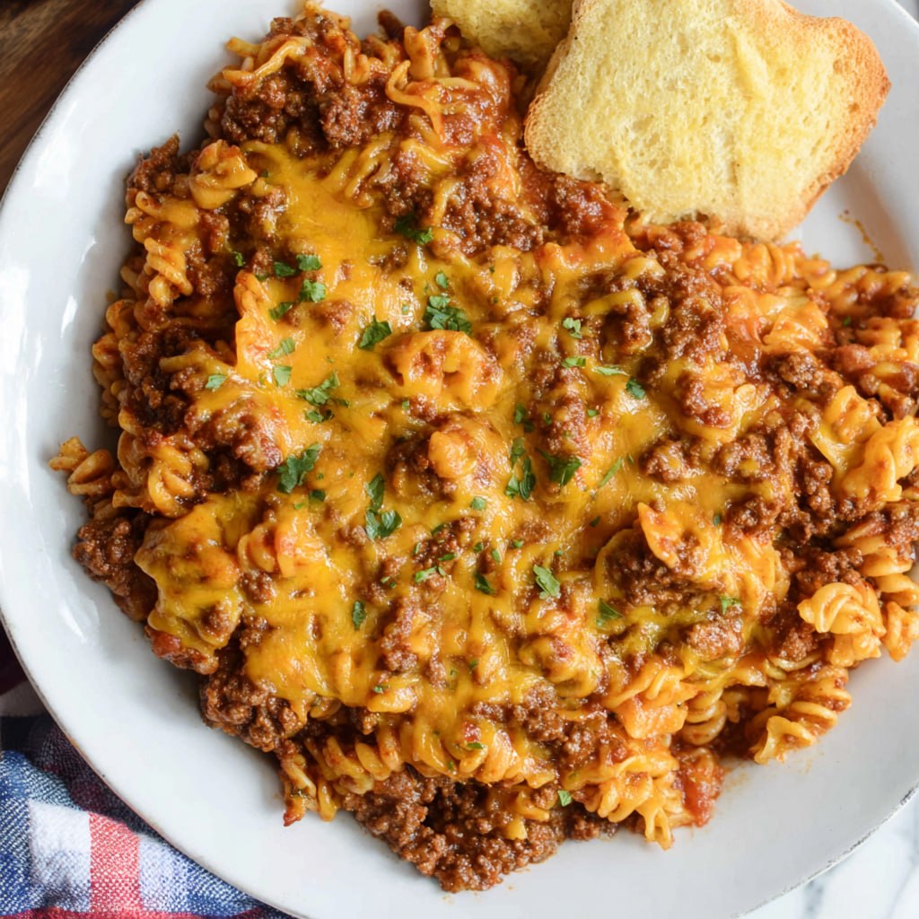Close-up of sloppy joe casserole serving showing tangy beef filling, melted cheese, and fluffy biscuit topping