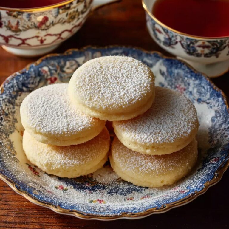 Stack of old-fashioned Southern tea cakes with golden edges, soft centers, light vanilla glaze, and powdered sugar dusting