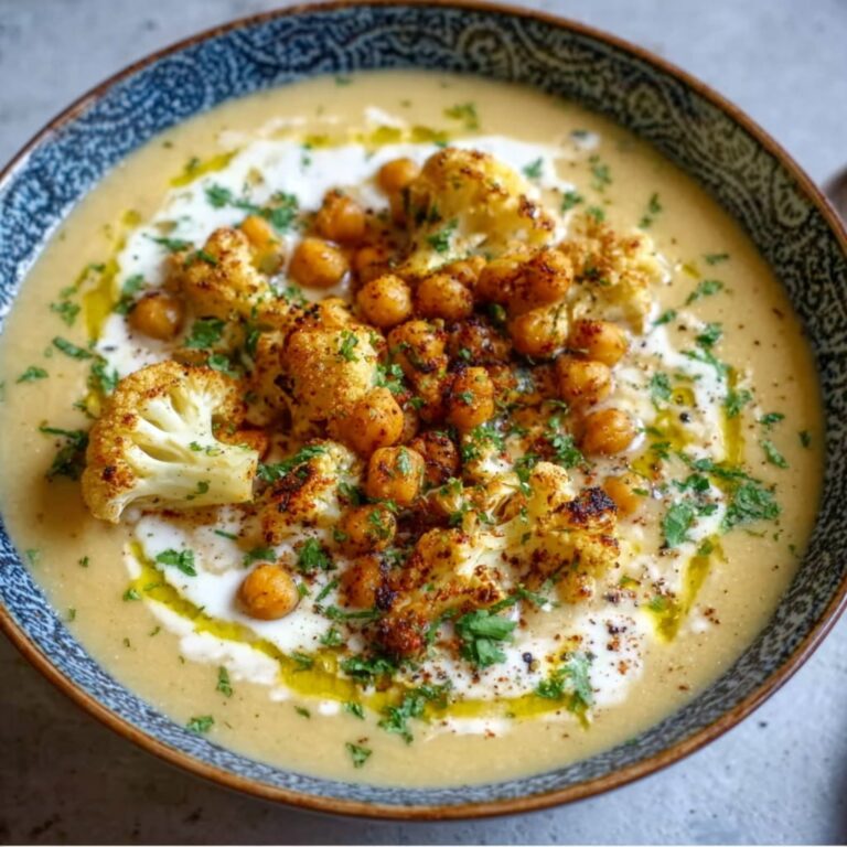 Bowl of creamy roasted cauliflower chickpea soup with crispy chickpea topping, drizzle of olive oil, and fresh parsley