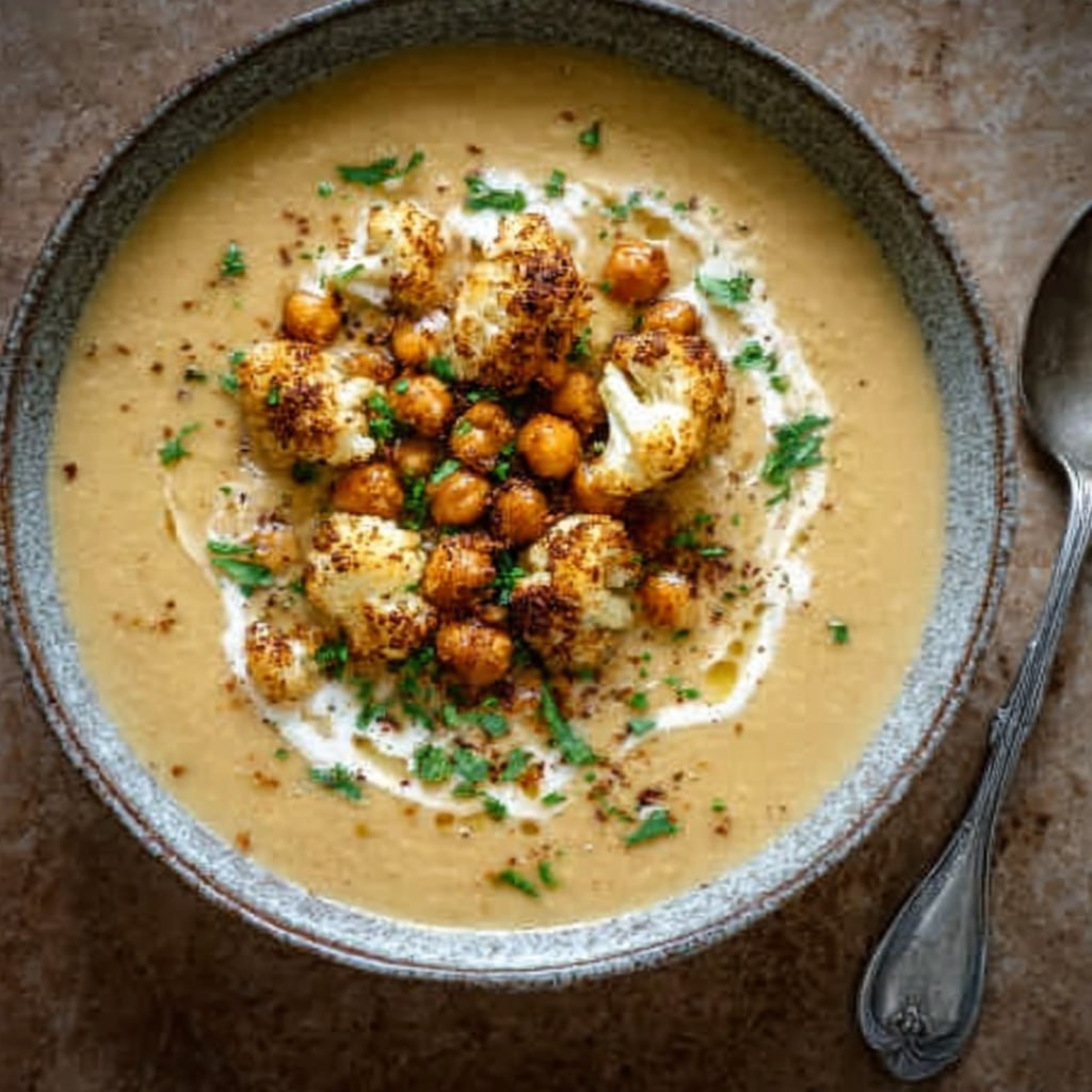Close-up of golden cauliflower soup showing silky texture, charred chickpeas, lemon zest, and chili oil swirl