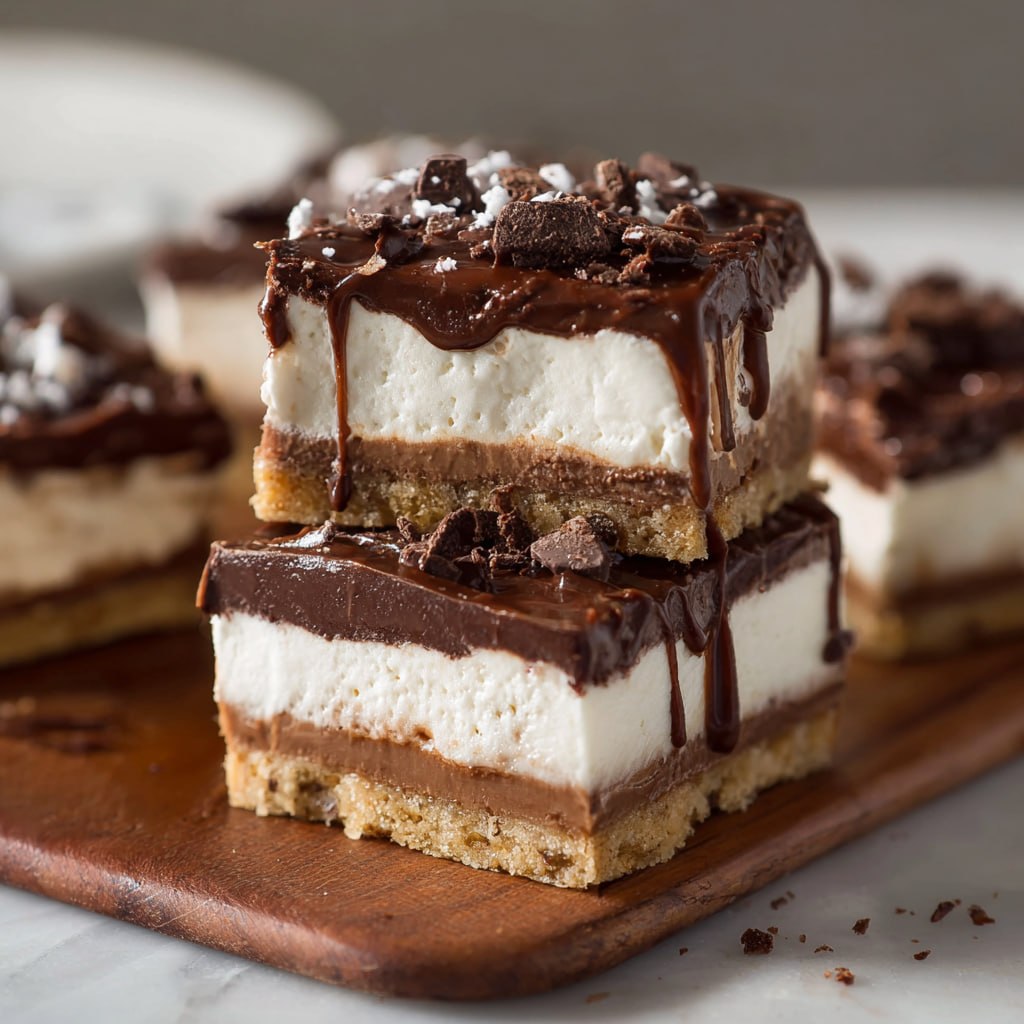 Close-up cross-section of no-bake chocolate cream cheese bar showing distinct three layers and silky textures