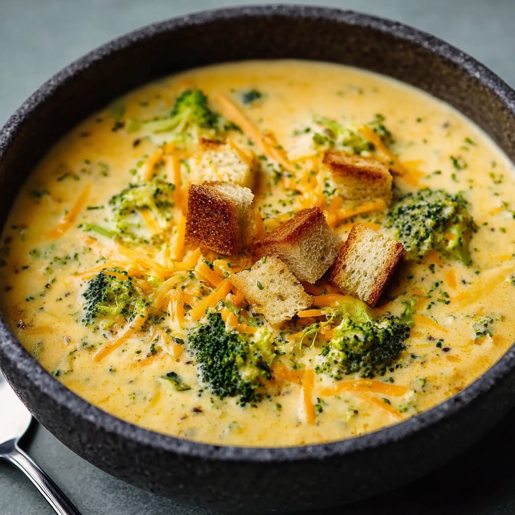 Close-up of homemade broccoli cheddar soup showing rich cheesy texture, broccoli pieces, and golden cheese ribbons on top