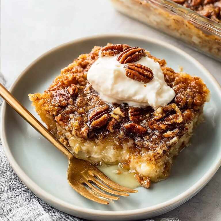 Pecan pie dump cake with golden caramel pecan topping, buttery yellow cake crumb, served warm with vanilla ice cream
