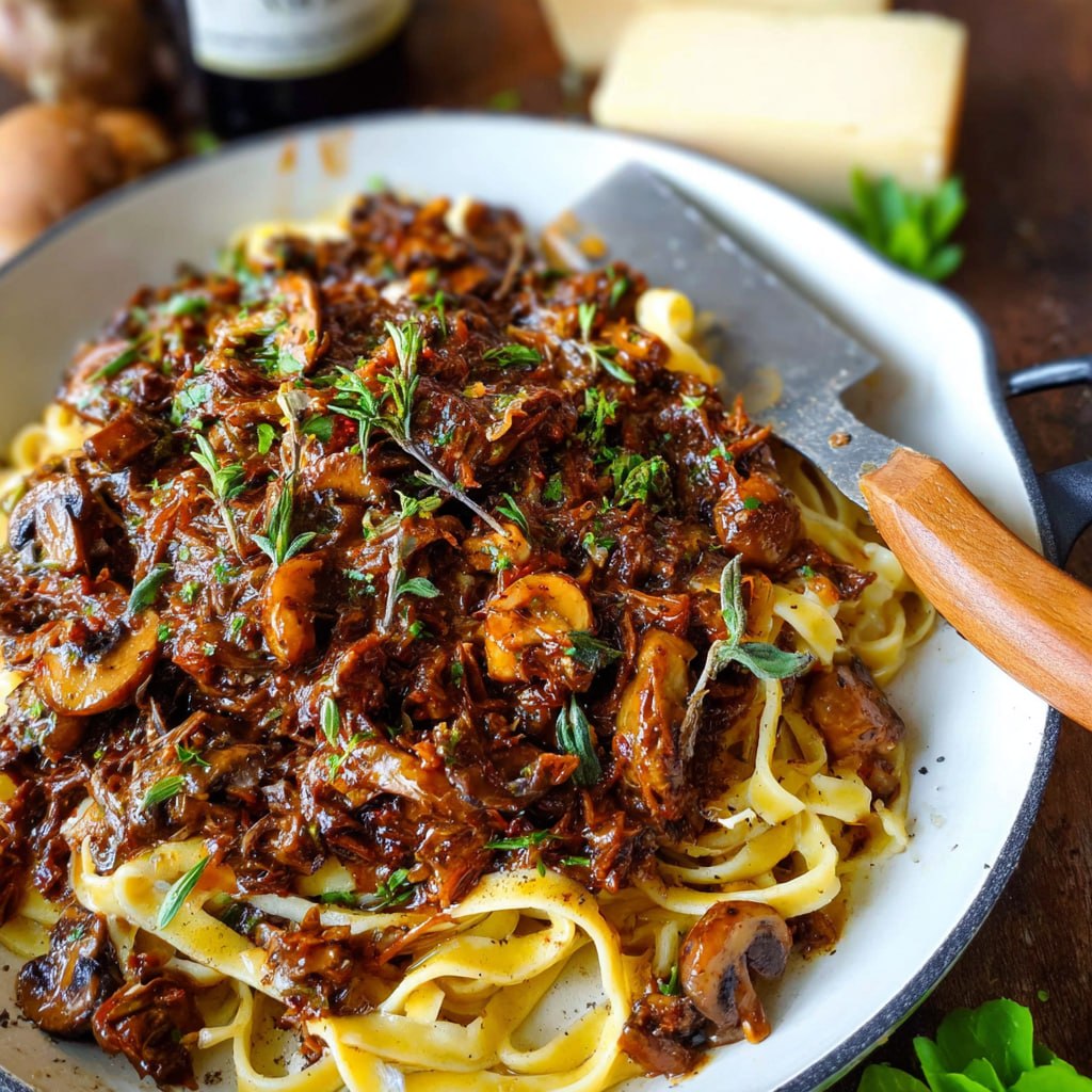 Close-up of mushroom ragu showing varied mushrooms, glossy tomato-wine sauce, and silky pasta texture