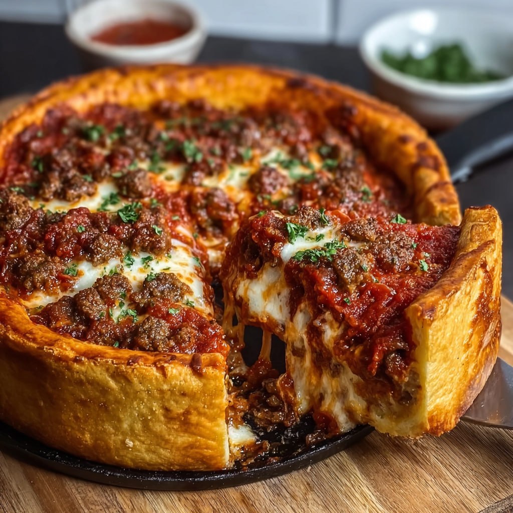 Slice of Chicago-style deep dish pizza showing 2-inch thick layers of crust, cheese, meat, and tomato sauce on top