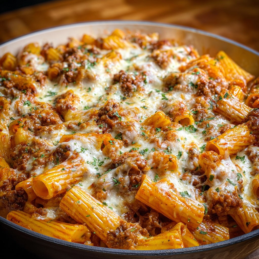 Close-up of beef rigatoni bake serving showing meaty marinara sauce, ricotta layers, and stretchy melted mozzarella