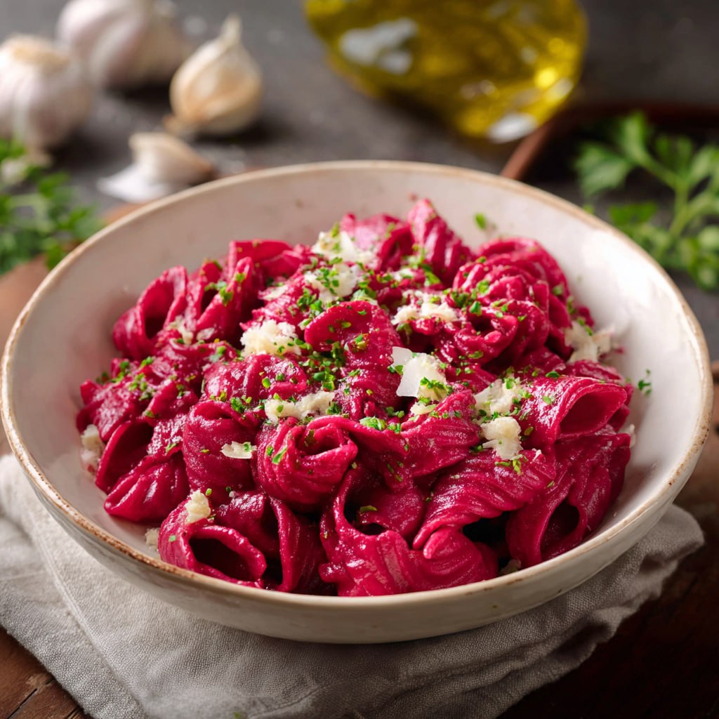 Beet Sauce Pasta (Hot Pink Vegan Pasta With Garlic, Walnuts & Goat Cheese)