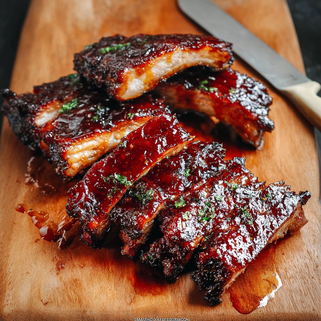 Close-up of Cantonese char siu ribs showing crispy lacquered exterior, tender pink meat, and shiny five-spice glaze