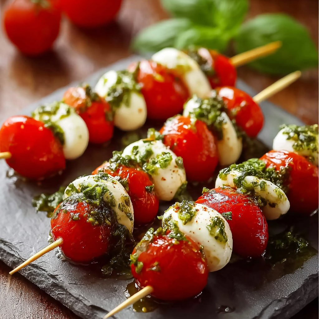 Close-up of caprese skewer showing colorful red tomato, white mozzarella, green basil, glistening balsamic reduction