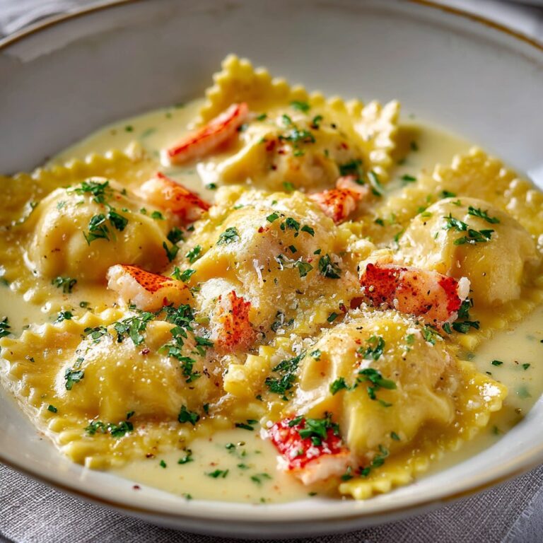 Lobster ravioli plated with bright lemon butter sauce, fresh chives, parmesan shavings, and lemon zest in a white bowl
