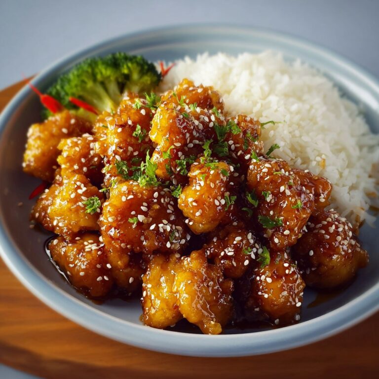 Chinese honey chicken with golden crispy battered chicken pieces, glossy sticky honey sauce, sesame seeds, and scallions over rice