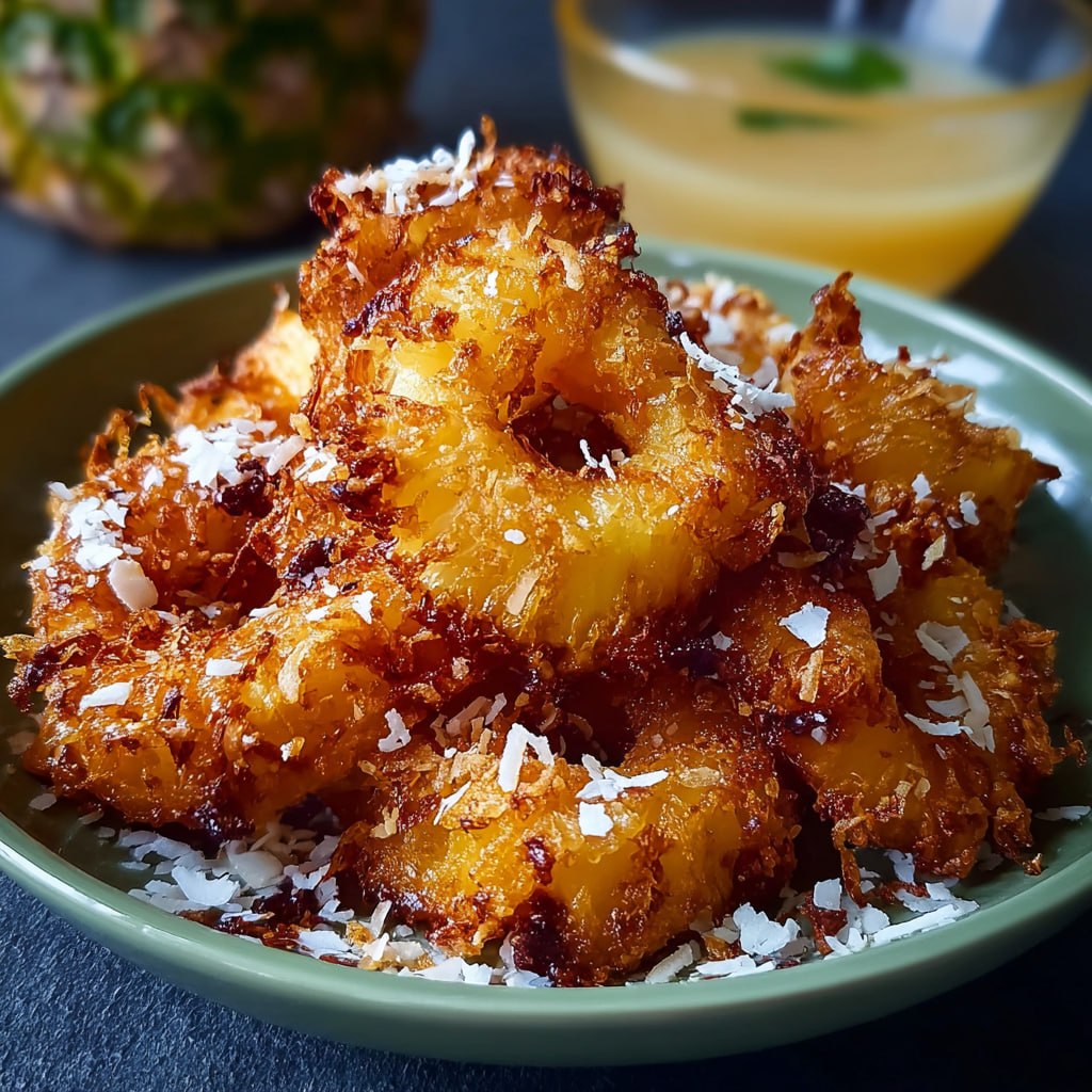 Close-up of caramelized pineapple slice with sticky rum-coconut glaze, toasted coconut sprinkle, and melting vanilla ice cream
