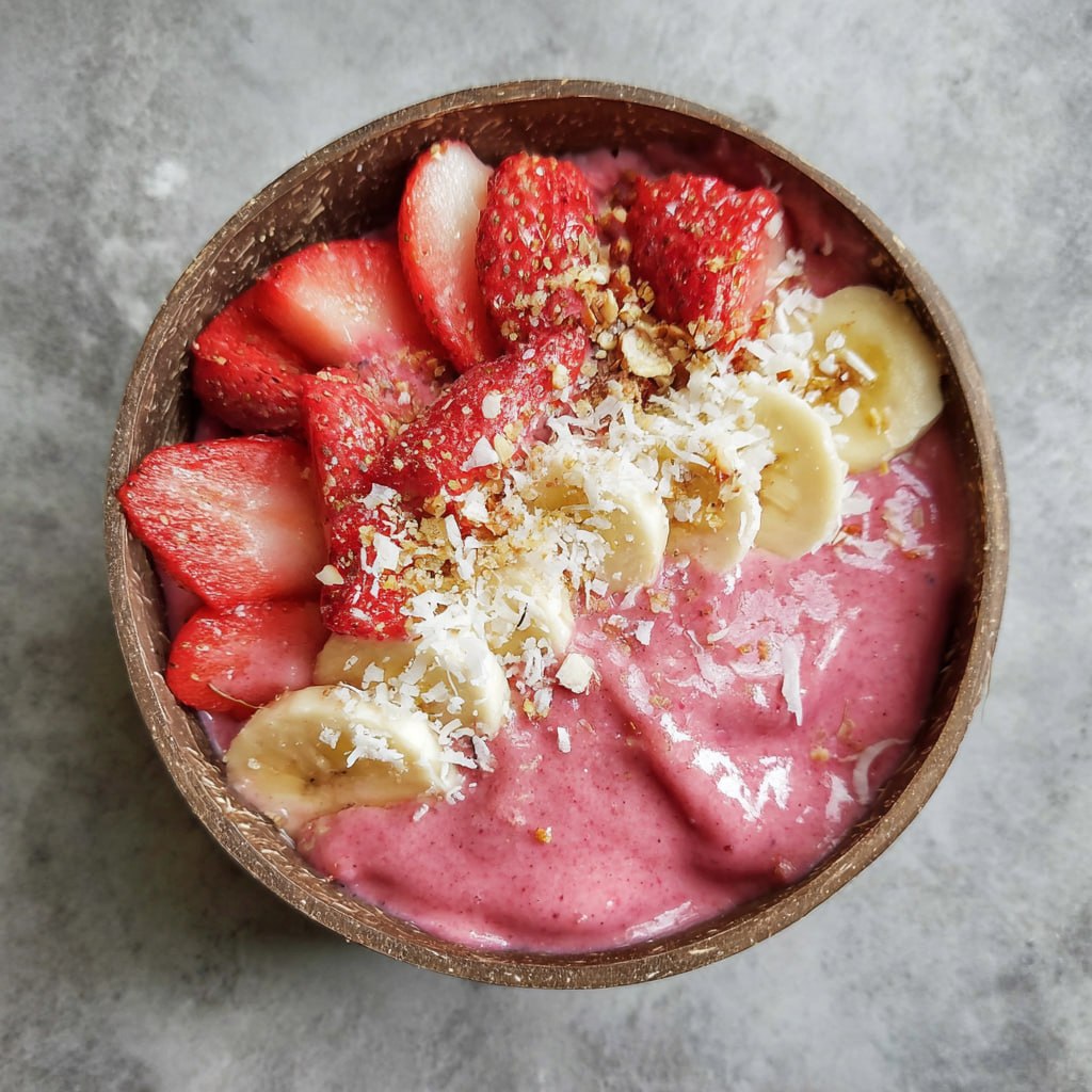 Close-up of smoothie bowl showing creamy thick texture, vibrant red strawberry topping, golden granola, hemp seeds, and honey drizzle