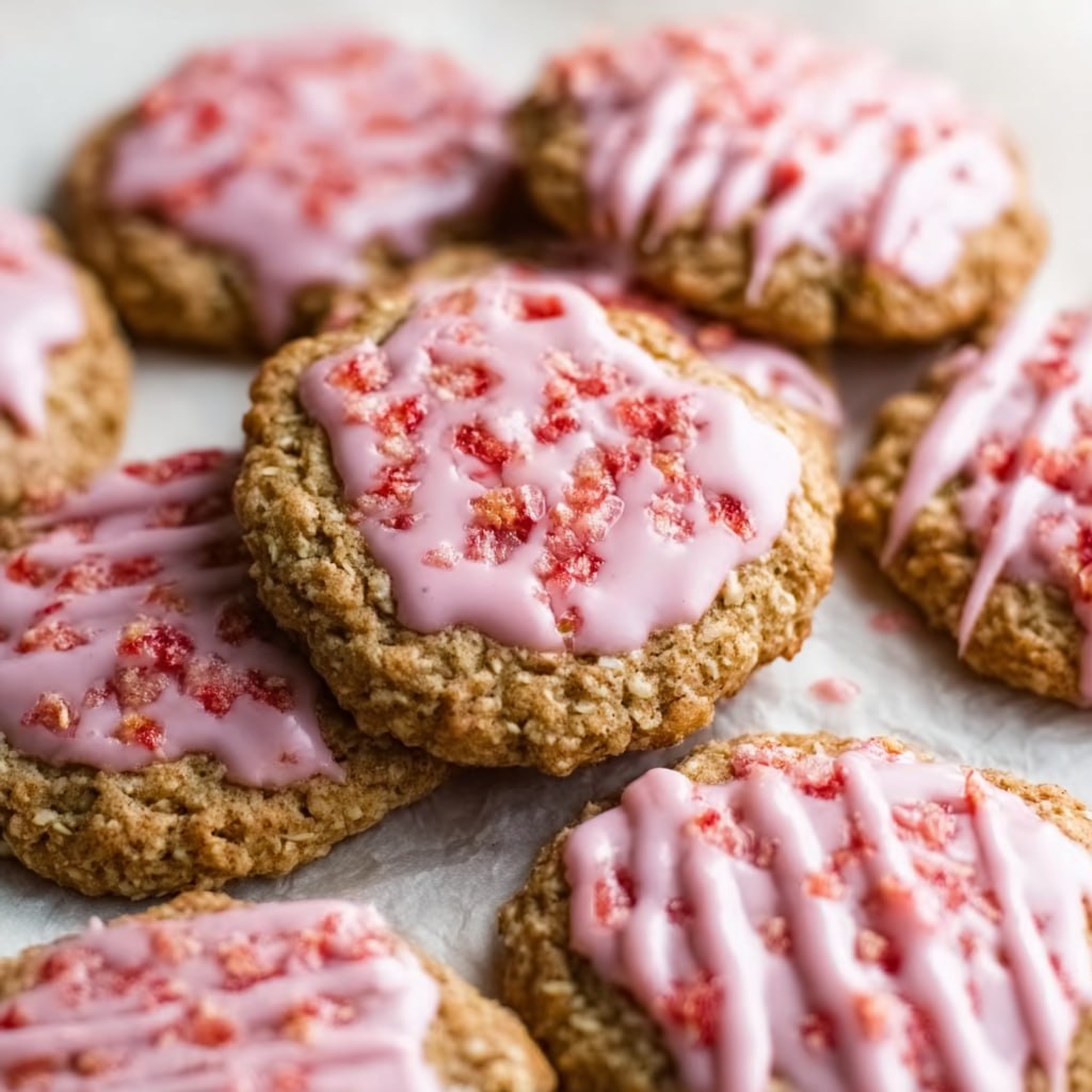 Close-up of strawberry oatmeal cookie showing soft chewy interior, glossy pink strawberry glaze, and freeze-dried strawberry pieces