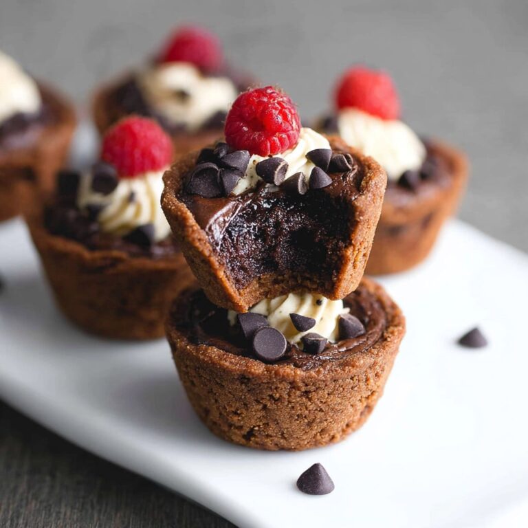 Bite-sized brownie tarts with fudgy chocolate cups, glossy chocolate ganache filling, fresh raspberry, and gold leaf garnish