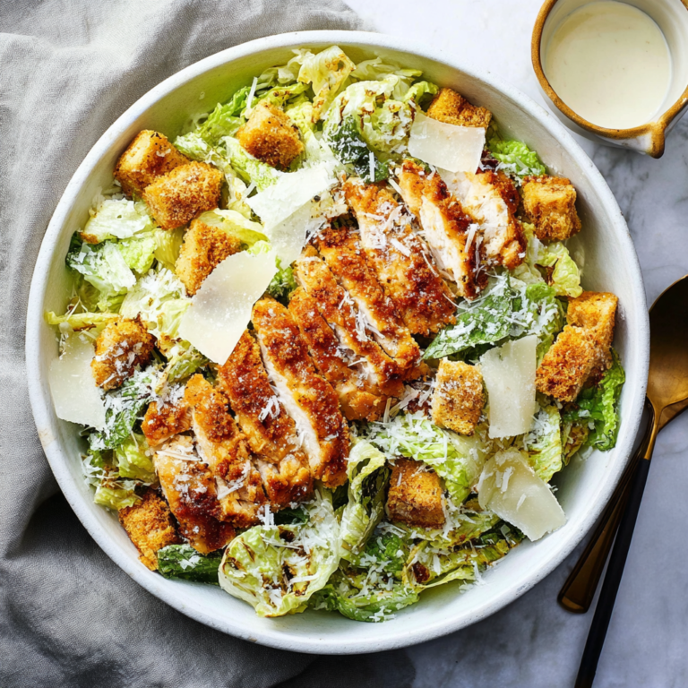 Crispy panko-breaded chicken strips on crisp romaine Caesar salad with parmesan shavings, croutons, and creamy Caesar dressing in a wooden bowl