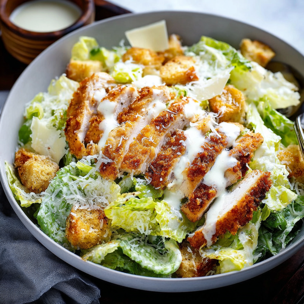 Close-up of crispy chicken Caesar salad showing golden breaded chicken slices, parmesan curls, anchovy dressing drizzle, lemon wedge and pepper