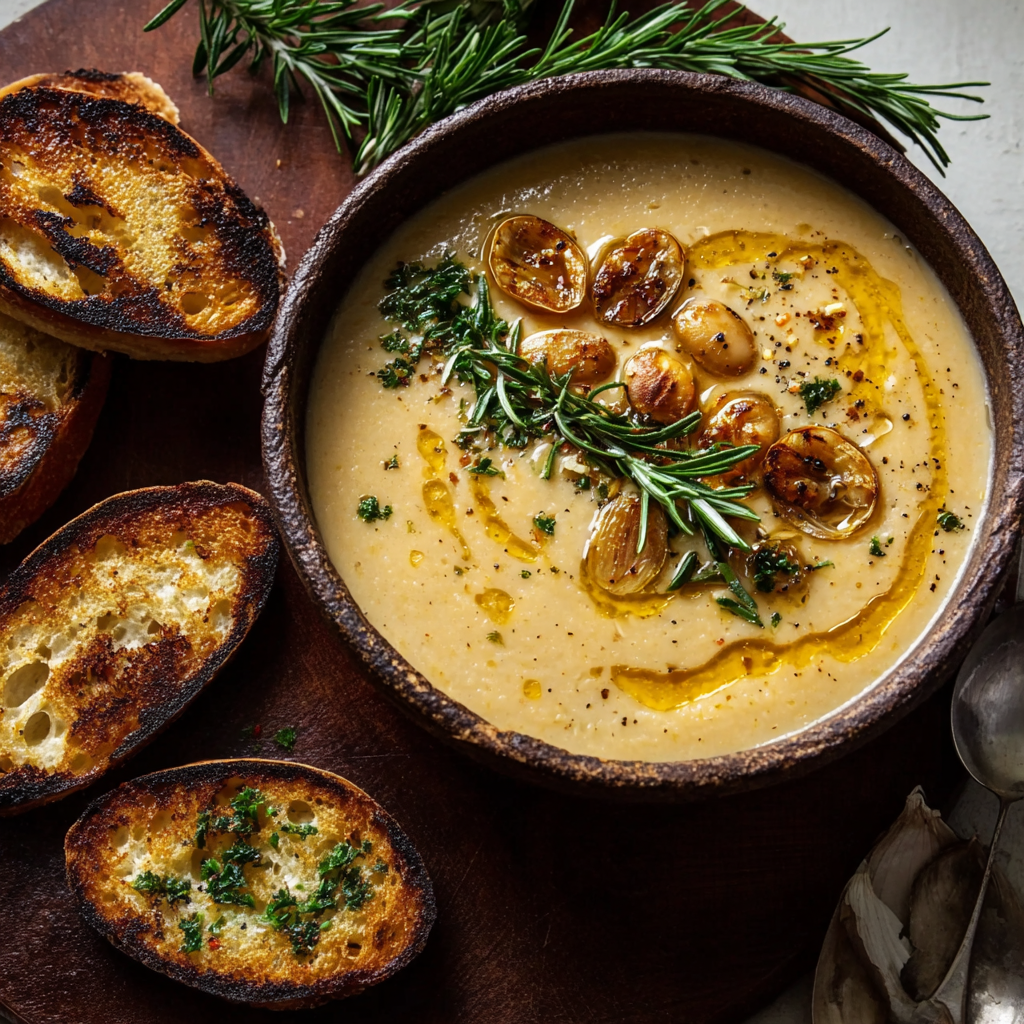 Close-up of velvety roasted garlic and rosemary soup with herb-infused drizzle of olive oil, scattered black pepper, golden garlic cloves, crostini
