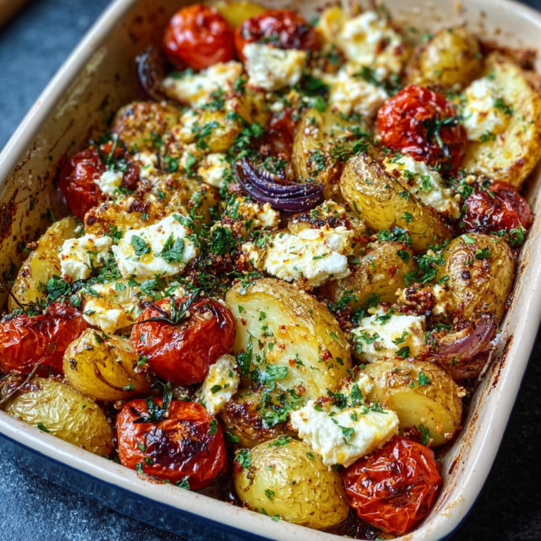 Baked feta potatoes in a white ceramic dish with crispy roasted baby potatoes, melted feta cheese, cherry tomatoes, garlic, and fresh herbs
