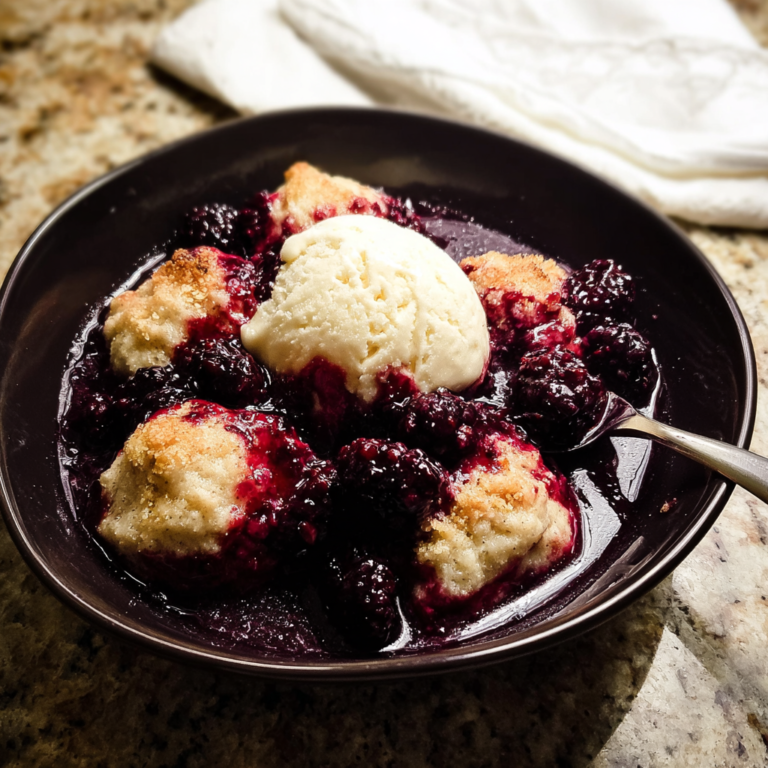 Triple berry cobbler in a dark plate with bubbling blackberry-blueberry-raspberry filling, golden biscuit topping, vanilla ice cream melting on top