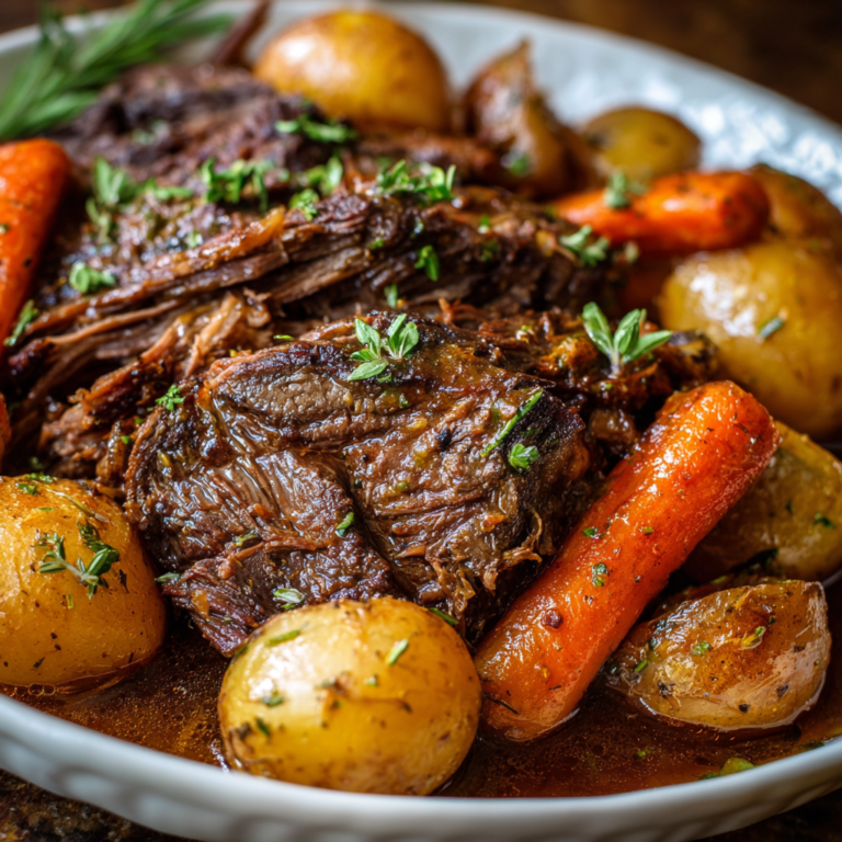 Crockpot chuck roast on a serving platter with fall-apart shredded beef, golden carrots, baby potatoes, gravy, fresh rosemary, and a serving fork