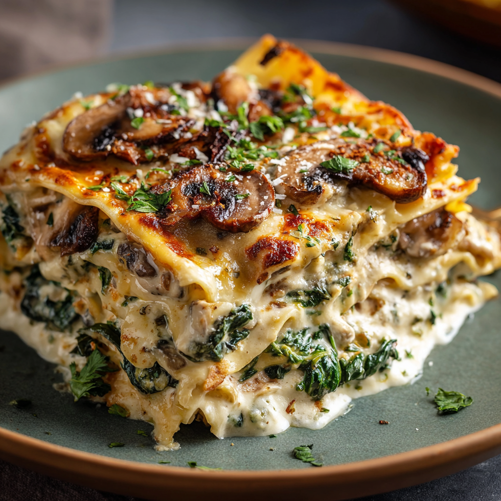 Close-up of creamy mushroom spinach lasagna showing melty mozzarella, sauteed mushrooms, ricotta layers, fresh basil and steam