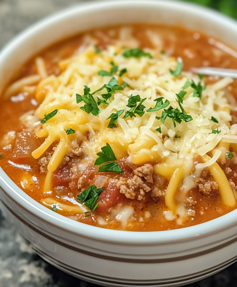 Crockpot lasagna soup in a white bowl with broken lasagna noodles, ground beef, tomato broth, dollop of ricotta, melted mozzarella and basil
